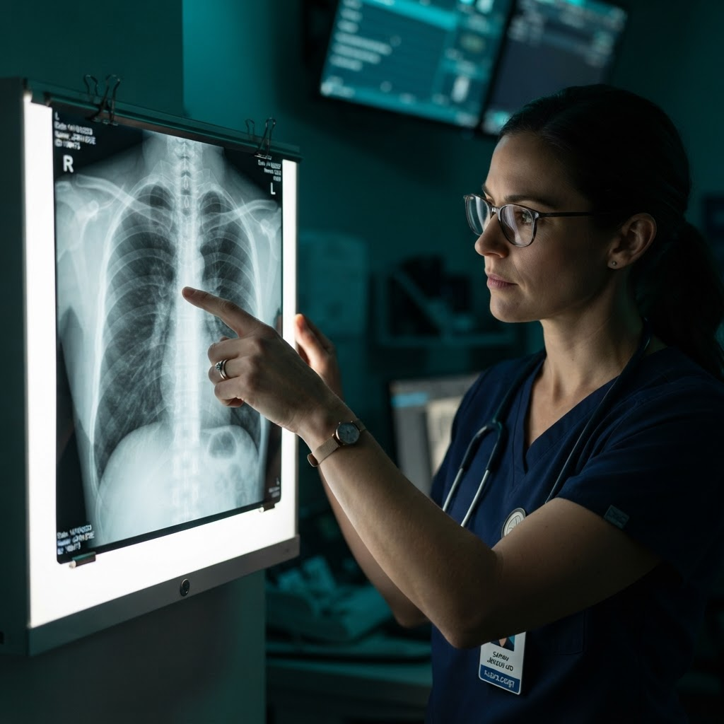 Doctor examining a chest X-ray on an illuminated light box